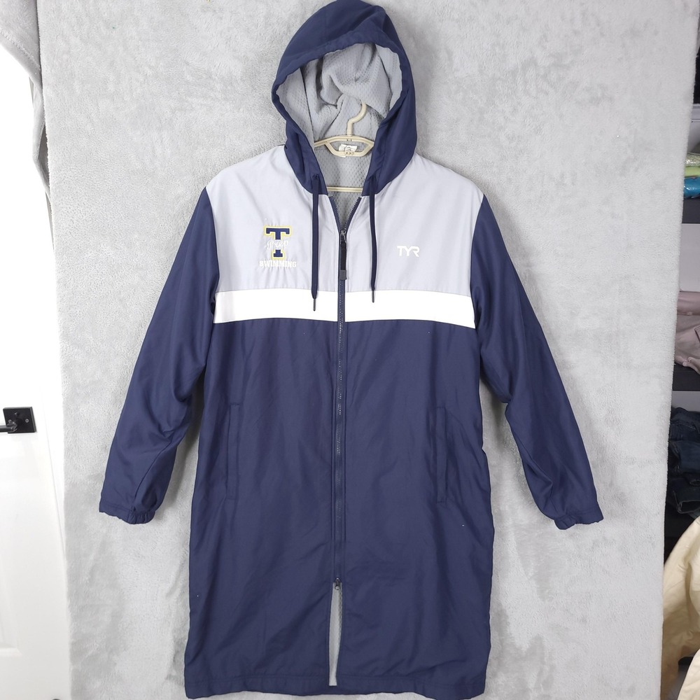 TYR Swim Parka Hooded Jacket Mens Medium Navy Gray White Fleece Lined Team TPA